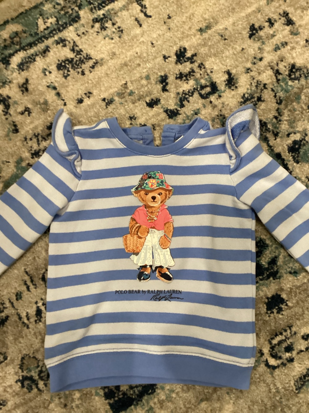 Ralph Lauren Blue and White Striped Polo Bear One-Piece